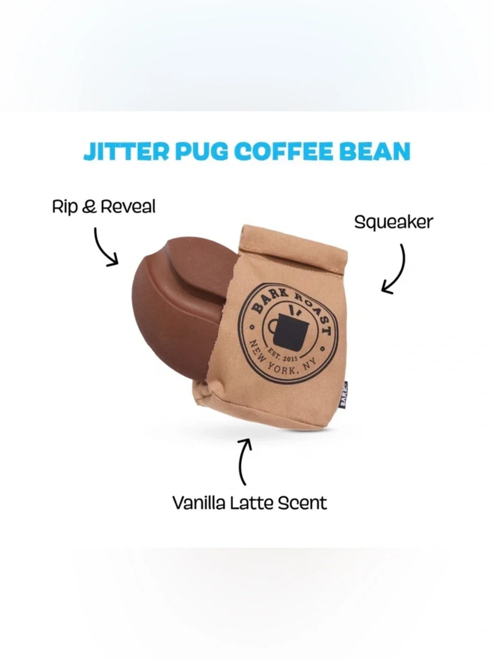 Bark Box L Super Chewer Jitter Pug Coffee bean Multi part rip reveal dog toy NEW